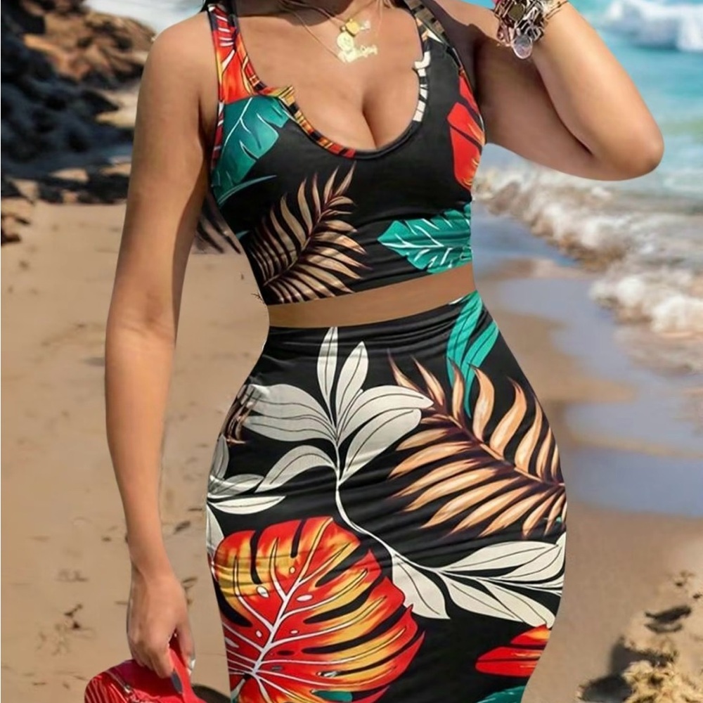 Red and Blue Knee-Length Pencil Skirt Set for Casual Wear